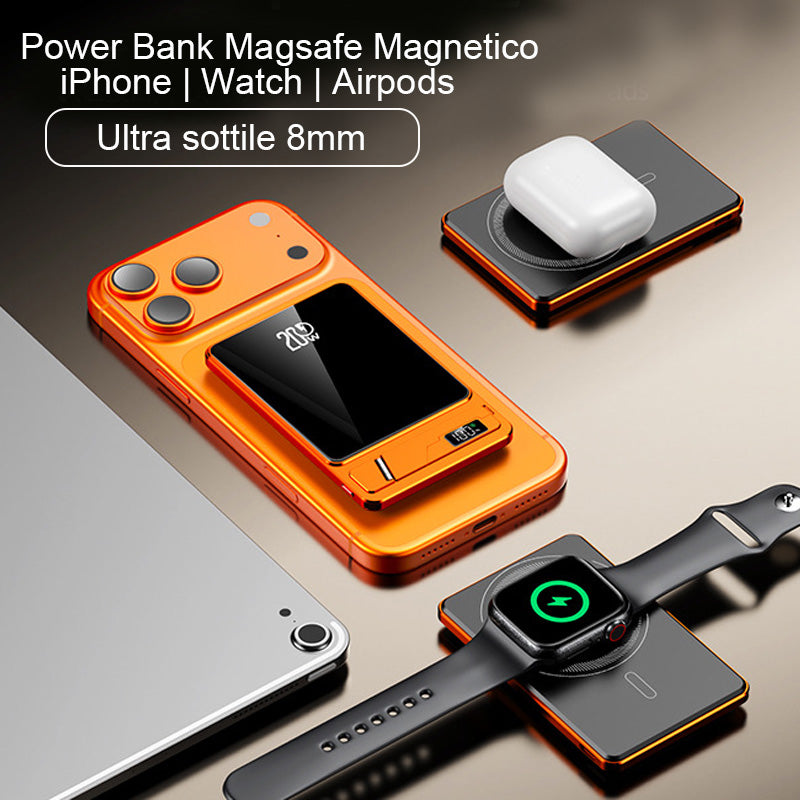 Power Bank MagSafe sottile 3 in 1 | Ricarica rapida 20W PD + Wireless 15W | 10000mAh in alluminio con supporto – F15-10K