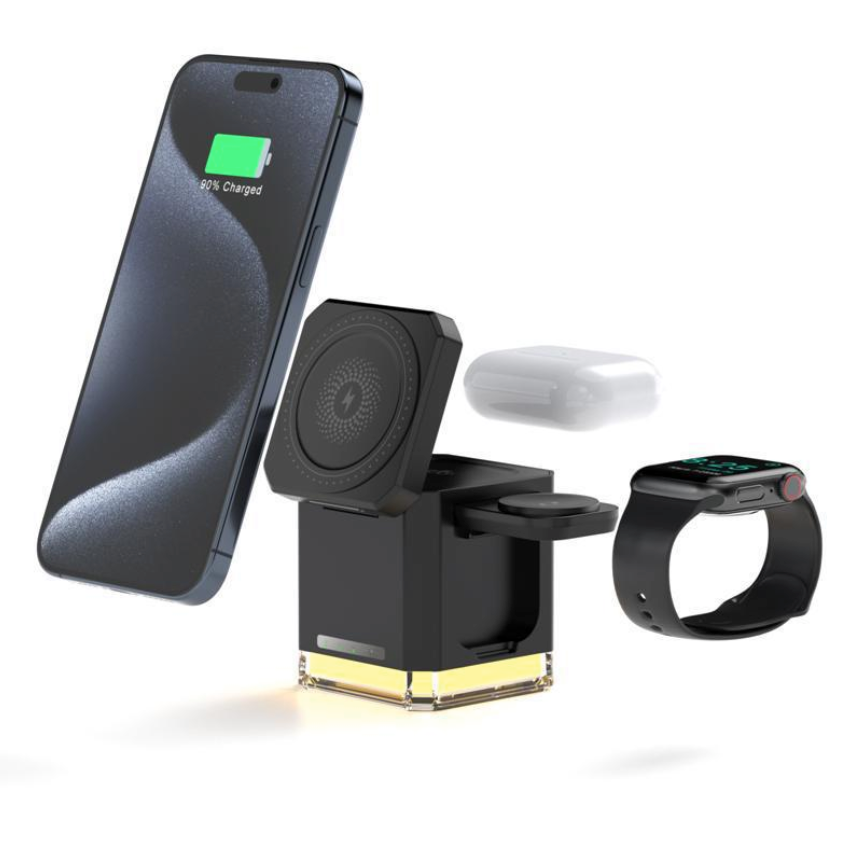Caricabatterie Wireless 3 in 1 da 15W Pieghevole con Luce LED – iPhone, Apple Watch & AirPods - WX632