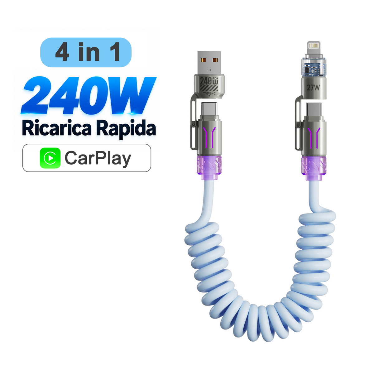 Cavo Ricarica Rapida 4 in 1 fino a 240W con Profumazione Integrata, Spirale Estensibile per Auto, Compatibile con CarPlay e Trasferimento Dati, USB-A/USB-C a Type-C/Lightning – BS240W