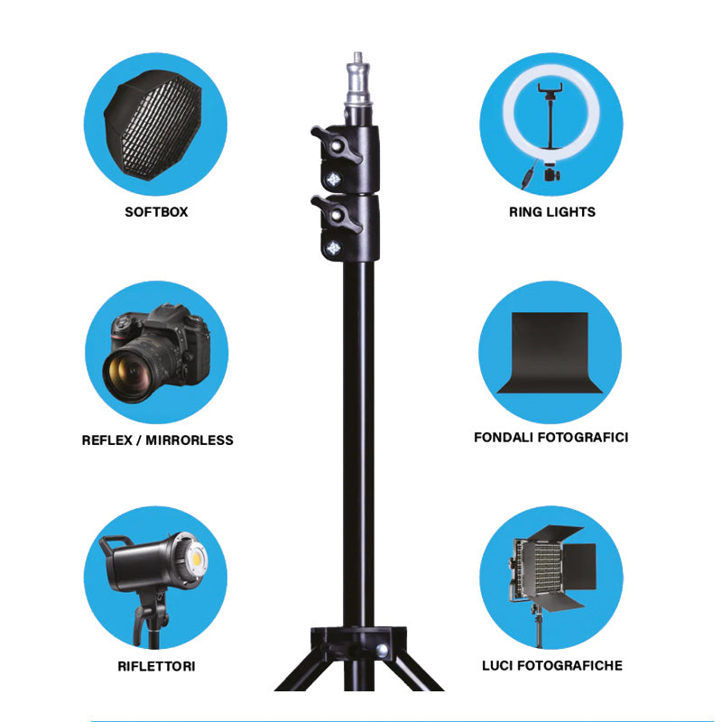 Treppiede Multifunzionale Fotografico in Alluminio alto 2.1 metri – Cavalletto Regolabile e Pieghevole per Luci, Softbox e Accessori - LS-TRP01