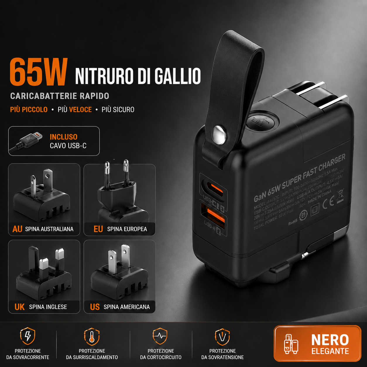 Caricatore Universale GaN 65W con Adattatori Internazionali EU/US/UK/AU | USB-C + USB-A | Ricarica Rapida per iPhone, Samsung, iPad, MacBook, Laptop e Tablet