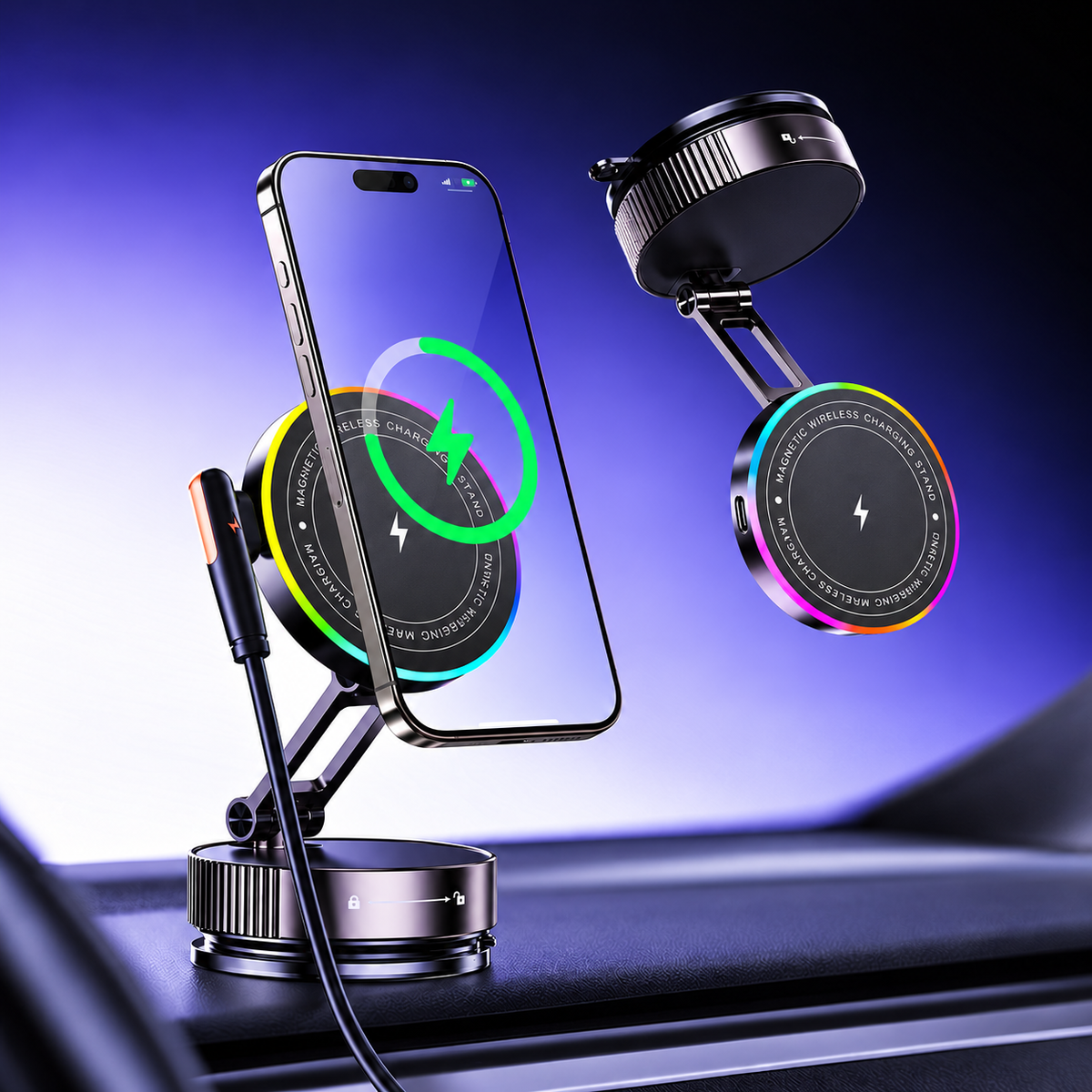 Supporto Magnetico per Smartphone K13 con Ricarica Wireless 15W e Luce RGB – Ventosa a Vuoto, Rotazione 360°, Braccio Pieghevole Regolabile, Base con Blocco a Rotazione per Auto, Scrivania e Casa-K13
