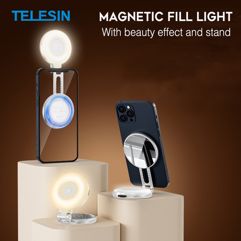 Luce Selfie Magnetica per Smartphone – Ring Light LED Bellezza, 3 Temperature Colore Regolabili, Portatile Pieghevole con Specchio - S5