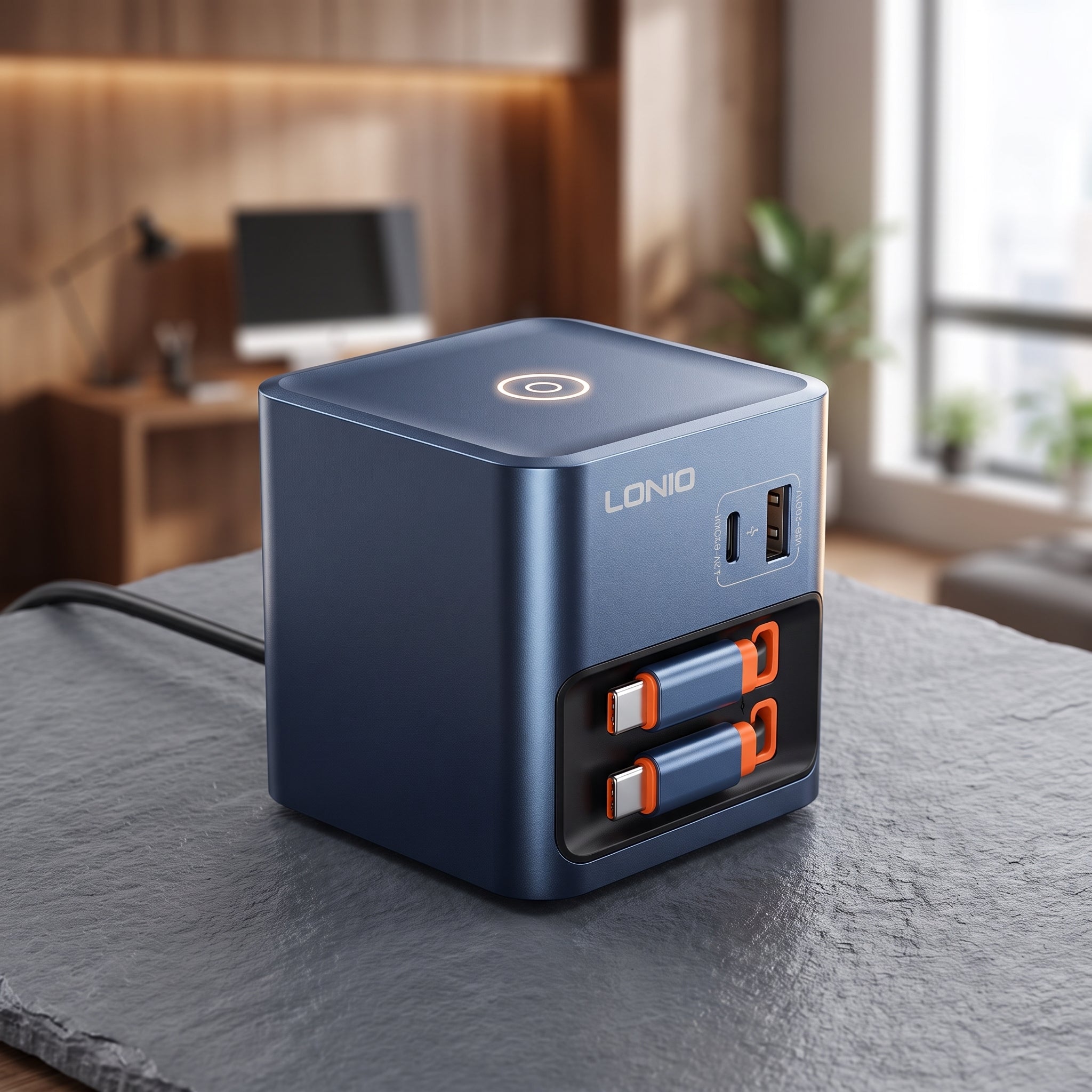Caricatore GaN 100W PD 3.0 con 2 Cavi USB-C Retrattili Integrati | 2 Porte USB | Ricarica Rapida per Notebook, Smartphone e Tablet - Q16-100W