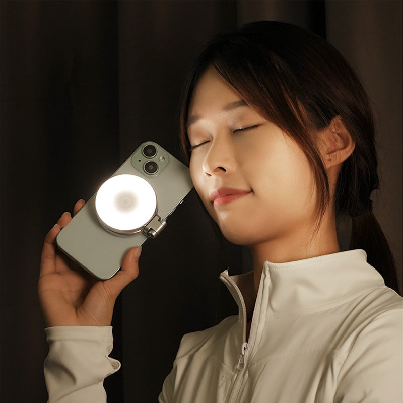 Luce Selfie Magnetica per Smartphone – Ring Light LED Bellezza, 3 Temperature Colore Regolabili, Portatile Pieghevole con Specchio - S5