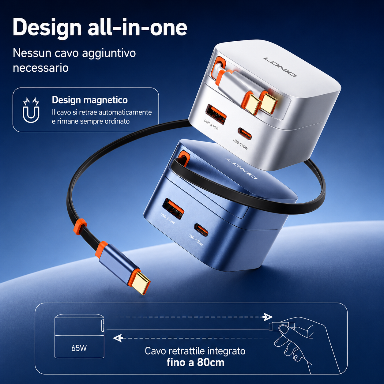 Caricatore GaN 65W PD 3.0 con Cavo USB-C Retrattile Integrato | USB-C + USB-A | Ricarica Rapida per Notebook, Smartphone e Tablet - Q10-65W