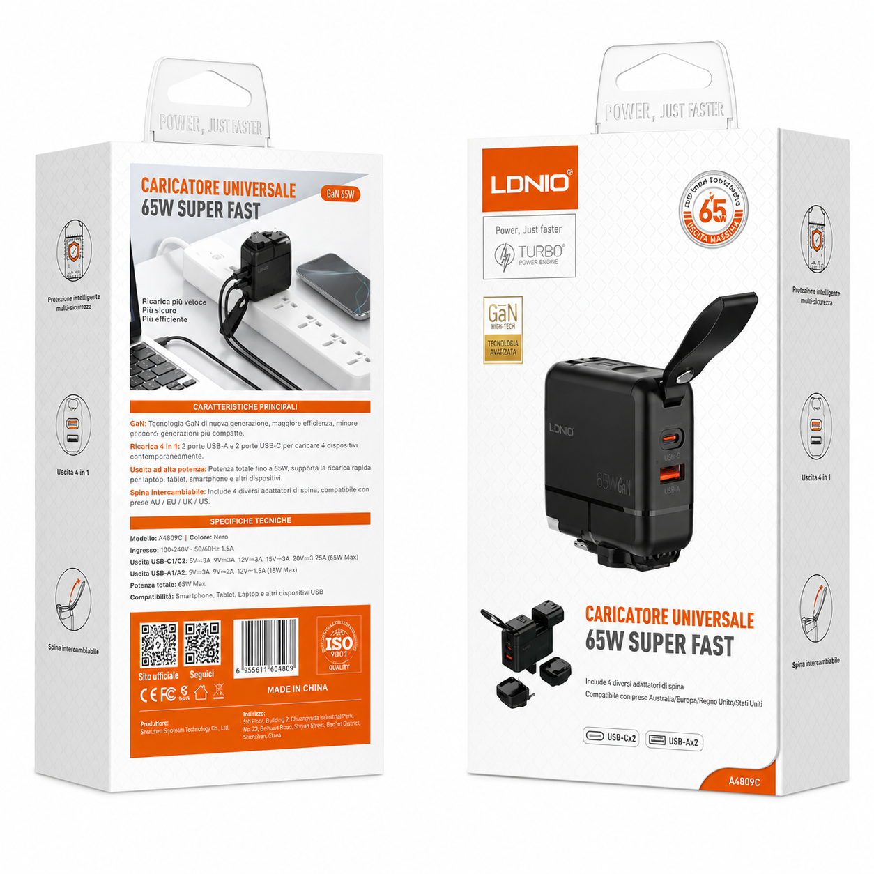 Caricatore Universale GaN 65W con Adattatori Internazionali EU/US/UK/AU | USB-C + USB-A | Ricarica Rapida per iPhone, Samsung, iPad, MacBook, Laptop e Tablet