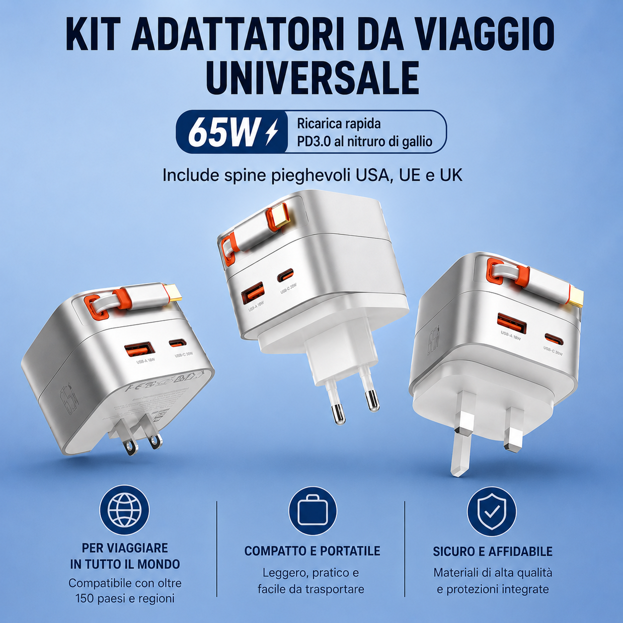 Caricatore GaN 65W PD 3.0 con Cavo USB-C Retrattile Integrato | USB-C + USB-A | Ricarica Rapida per Notebook, Smartphone e Tablet - Q10-65W