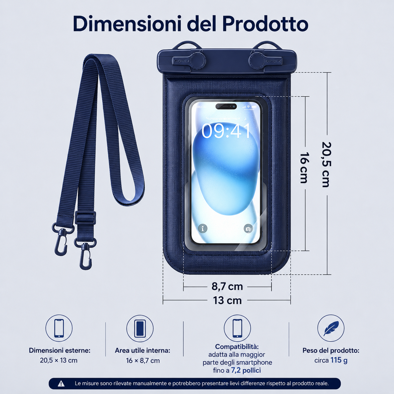Custodia Galleggiante Impermeabile IPX8 per Smartphone con Chiusura Brevettata, Certificazione SGS, Touch Screen, Tracolla Regolabile e Colori Multipli – Compatibile fino a 7,2 Pollici-J010-2