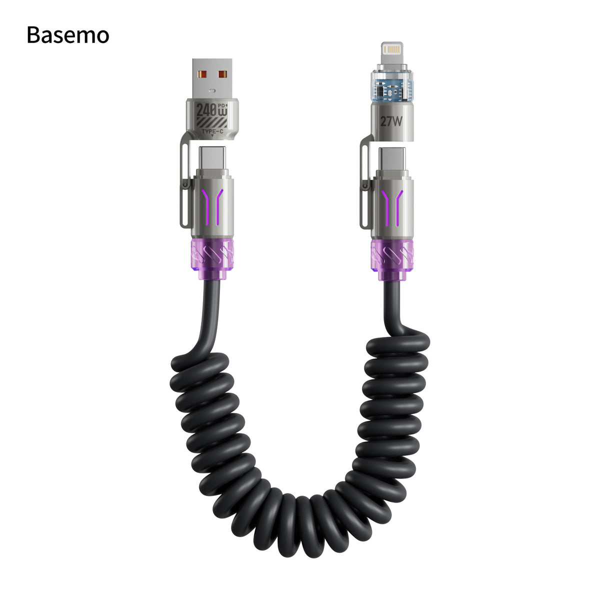 Cavo Ricarica Rapida 4 in 1 fino a 240W con Profumazione Integrata, Spirale Estensibile per Auto, Compatibile con CarPlay e Trasferimento Dati, USB-A/USB-C a Type-C/Lightning – BS240W