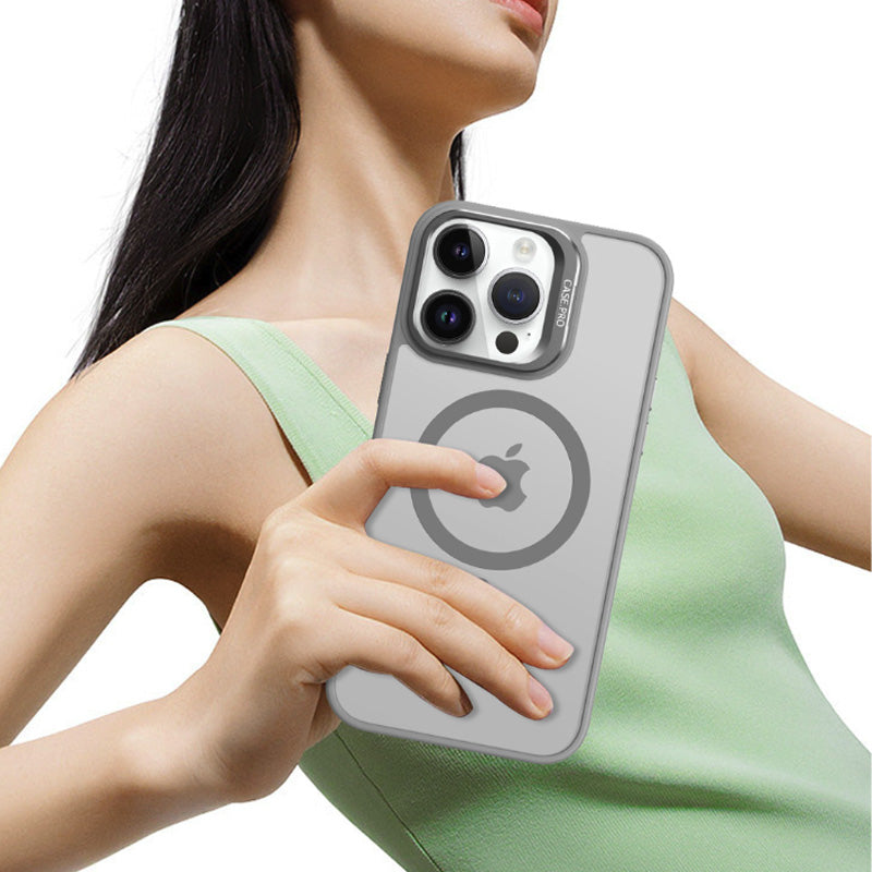 Cover iPhone con Supporto Fotocamera Integrato – Trasparente Fumé, Compatibile MagSafe, Mod. 7011