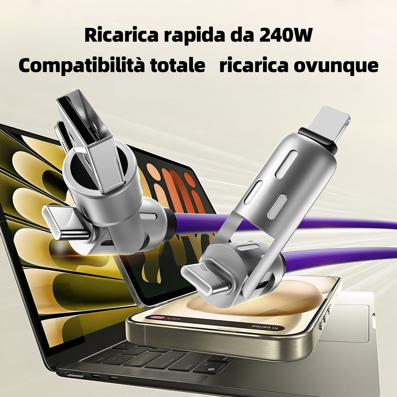 Cavo Bestseller 240W RGB con Luce a Colonna|4 in 1 Due-in-Due|Compatibile Android/ Apple / Type-C Mod. CV11