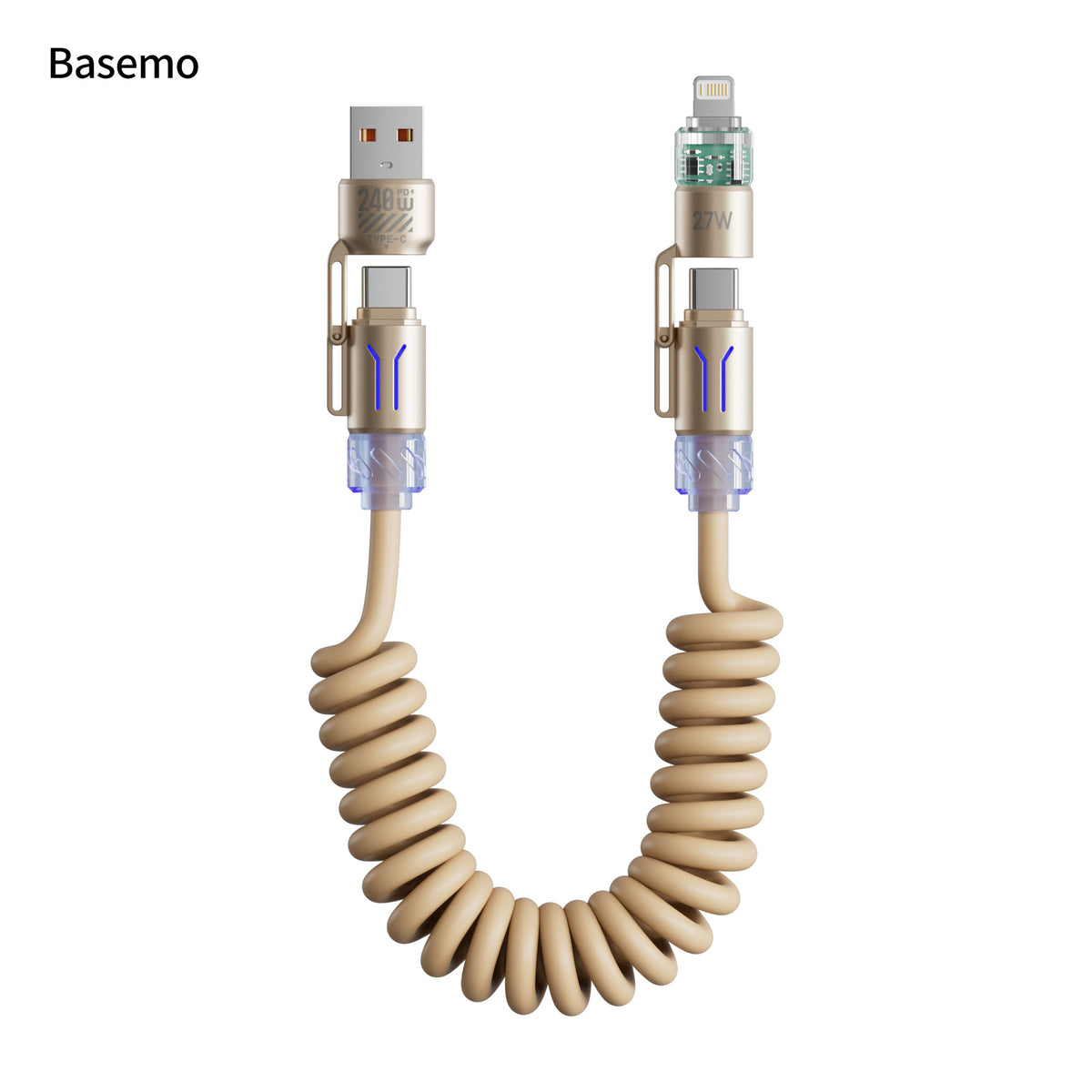 Cavo Ricarica Rapida 4 in 1 fino a 240W con Profumazione Integrata, Spirale Estensibile per Auto, Compatibile con CarPlay e Trasferimento Dati, USB-A/USB-C a Type-C/Lightning – BS240W