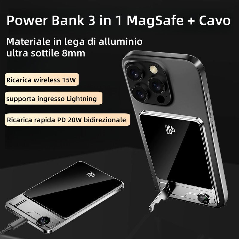 Power Bank MagSafe super sottile 3 in 1 | Ricarica rapida 20W PD + Wireless 15W | 5000mAh ultraleggero in alluminio con supporto – F15-5K