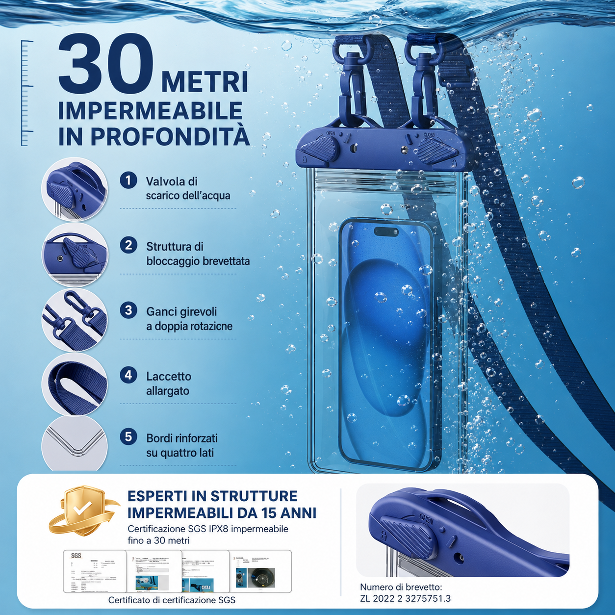 Custodia Impermeabile Universale per Smartphone fino a 8 Pollici con Tracolla Regolabile – Touch Sensibile, IPX8 fino a 30 Metri, Porta Cellulare Waterproof per Mare, Piscina, Spiaggia e Kayak-J011