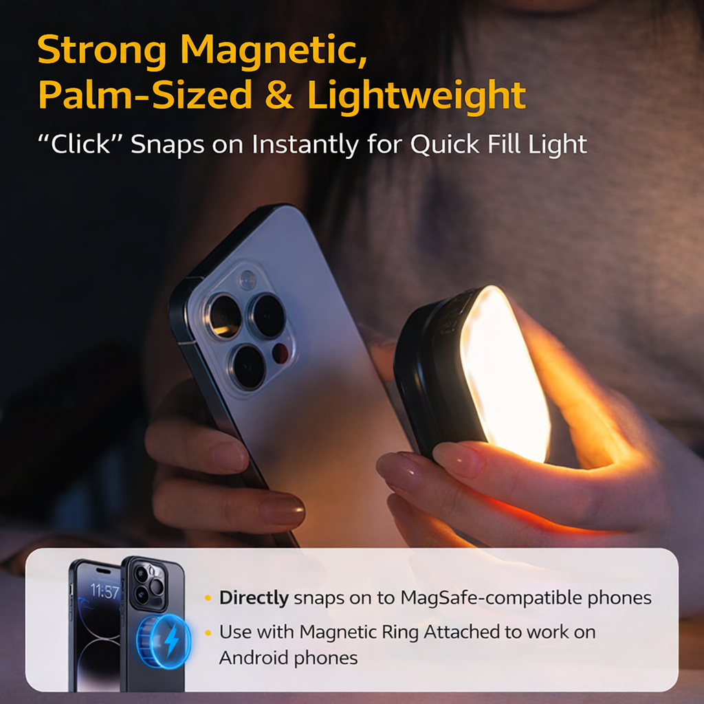 Luce Selfie Magnetica Regolabile per Smartphone – con specchio - Rotazione 360°, Inclinazione 270° - Compatibile MagSafe - JQ-01