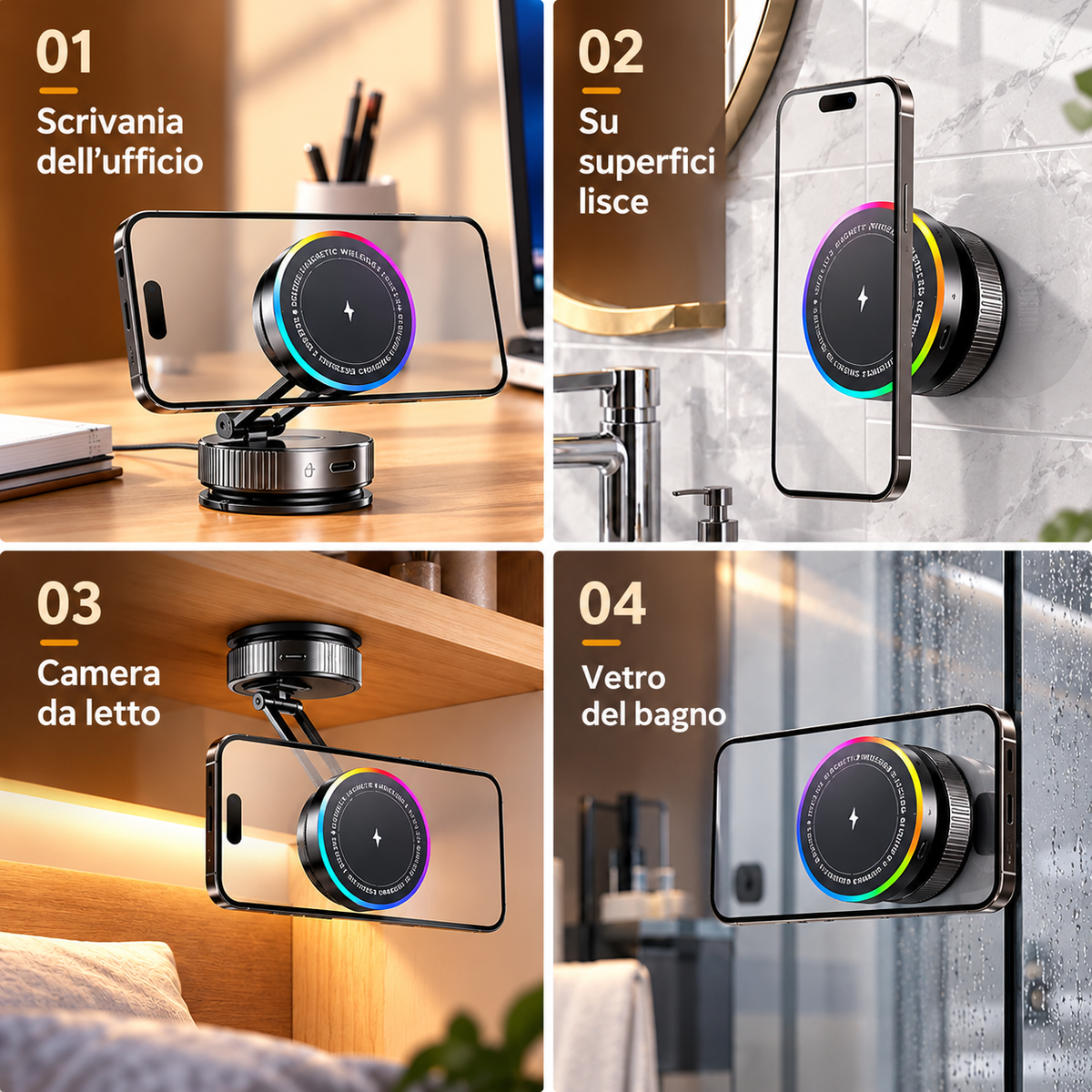 Supporto Magnetico per Smartphone K13 con Ricarica Wireless 15W e Luce RGB – Ventosa a Vuoto, Rotazione 360°, Braccio Pieghevole Regolabile, Base con Blocco a Rotazione per Auto, Scrivania e Casa-K13