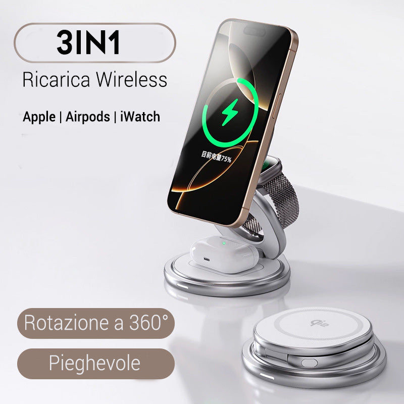 Caricatore Wireless Qi2 3 in 1 in Alluminio – Compatibile con MagSafe | Pieghevole con Rotazione a 360° | per iPhone | AirPods | Apple Watch -Q2