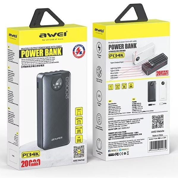 Awei P134K Power Bank 20000mAh | 4 Cavi Integrati | Ricarica Rapida | Display LED | Ultra Slim & Portatile