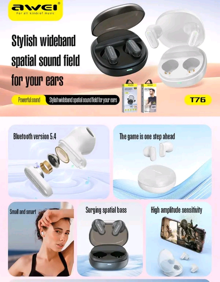 Awei T76 Auricolari Bluetooth 5.4 Sport | HiFi Suono 13mm | Chiamate HD | Custodia 300mAh | Design Mini Ultra-Leggero