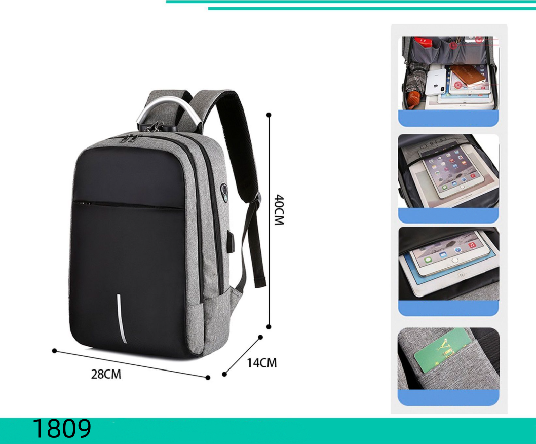 Zaino Multifunzione 1809 - Antifurto con Lucchetto a Combinazione Capiente ed Elegante 40cm x 28cm x 14cm Bicolore Grigio Nero Tasca Tablet Tasche Frontali Zip