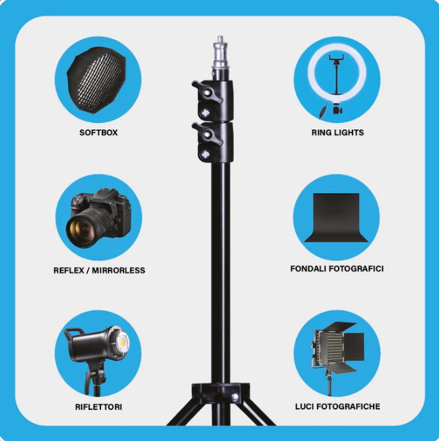 Treppiede Multifunzionale Fotografico in Alluminio alto 2.1 metri – Cavalletto Regolabile e Pieghevole per Luci, Softbox e Accessori - LS-TRP01