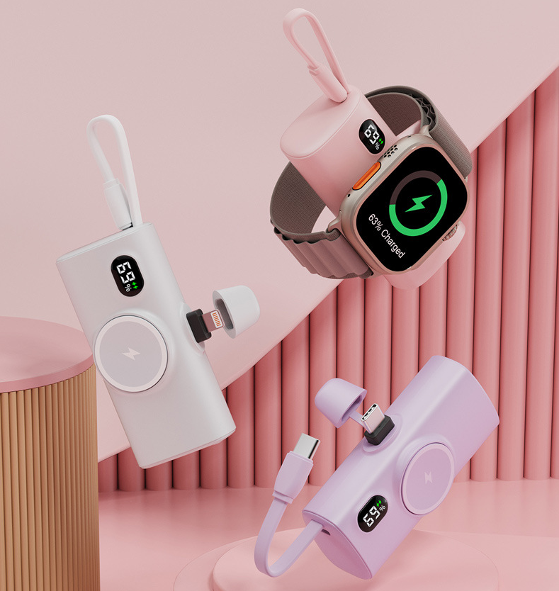 Power Bank Tascabile a Forma di Capsula | Wireless con Ricarica Magnetica | Compatibile con Smartwatch | Con Cavo Integrato | Porta Type-C | Design Ultra Compatto| 5000mAh - PB01