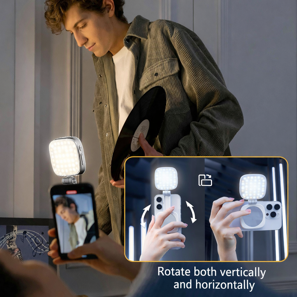 Luce Selfie Magnetica Regolabile per Smartphone – con specchio - Rotazione 360°, Inclinazione 270° - Compatibile MagSafe - JQ-01