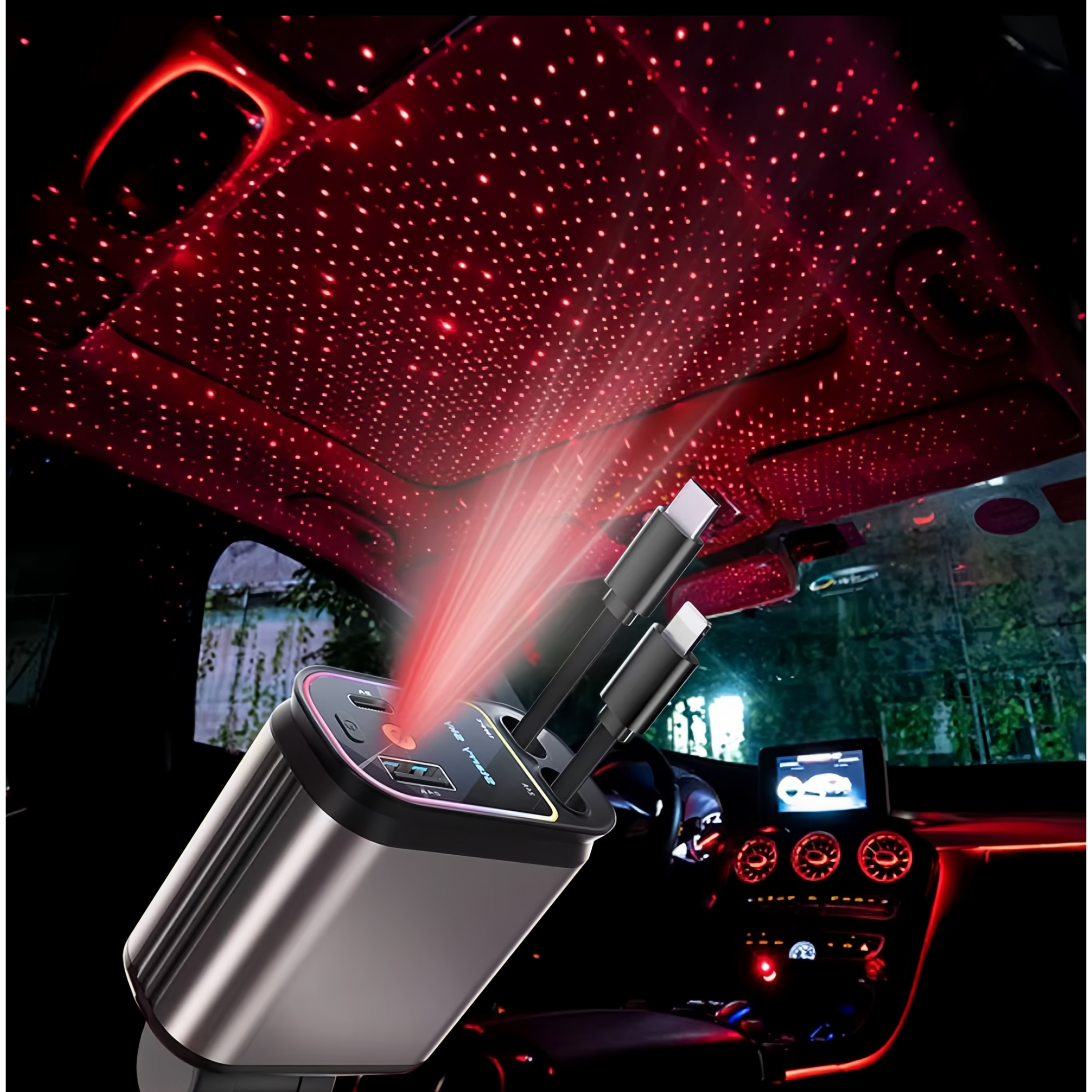 Caricatore Auto 120W con Proiezione Cielo Stellato|2 cavi integrati (Lightning + Type-C) + 2 porte (USB-A + USB-C)|Ricarica fino a 4 dispositivi - B1