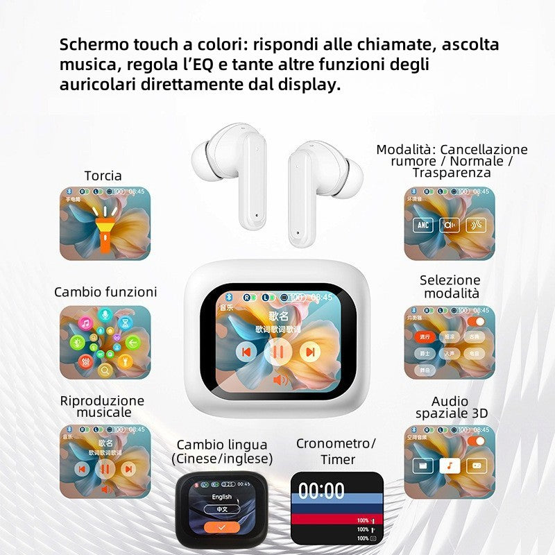 Auricolari Bluetooth LX10 con Schermo LED a Colori | Traduzione AI, Cancellazione Attiva del Rumore & Controllo Touch Intelligente M6