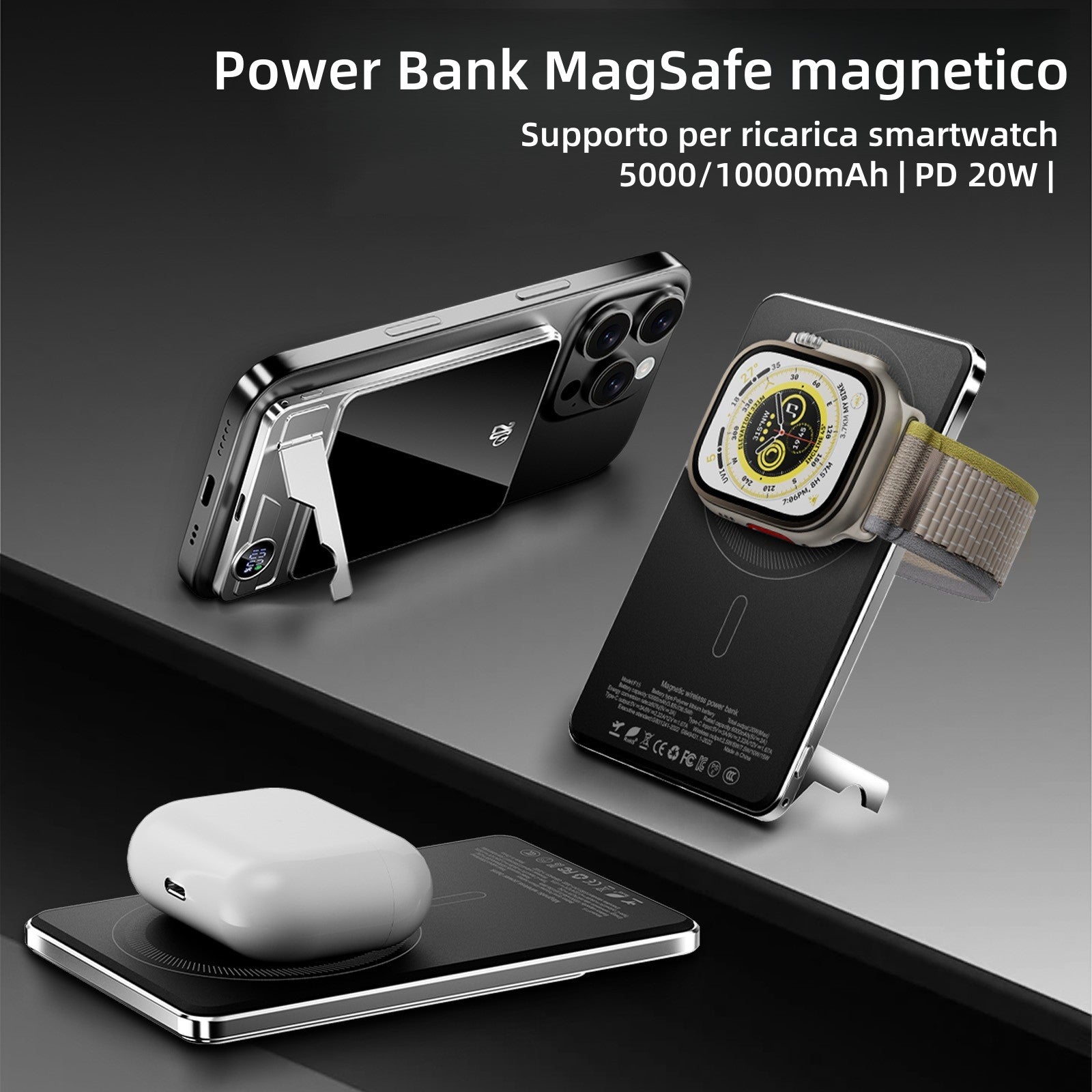 Power Bank MagSafe super sottile 3 in 1 | Ricarica rapida 20W PD + Wireless 15W | 5000mAh ultraleggero in alluminio con supporto – F15-5K
