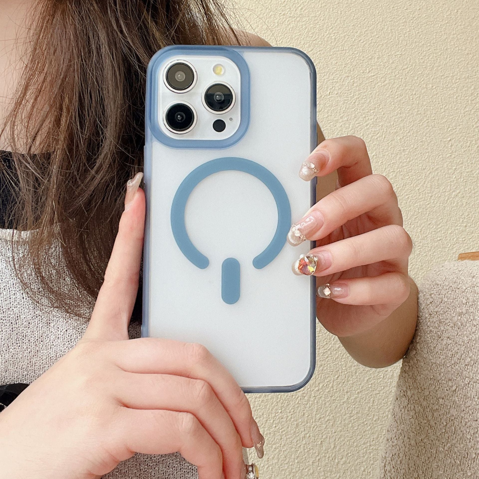Cover per iPhone trasparente opaca con bordi colorati, compatibile con MagSafe - 7016