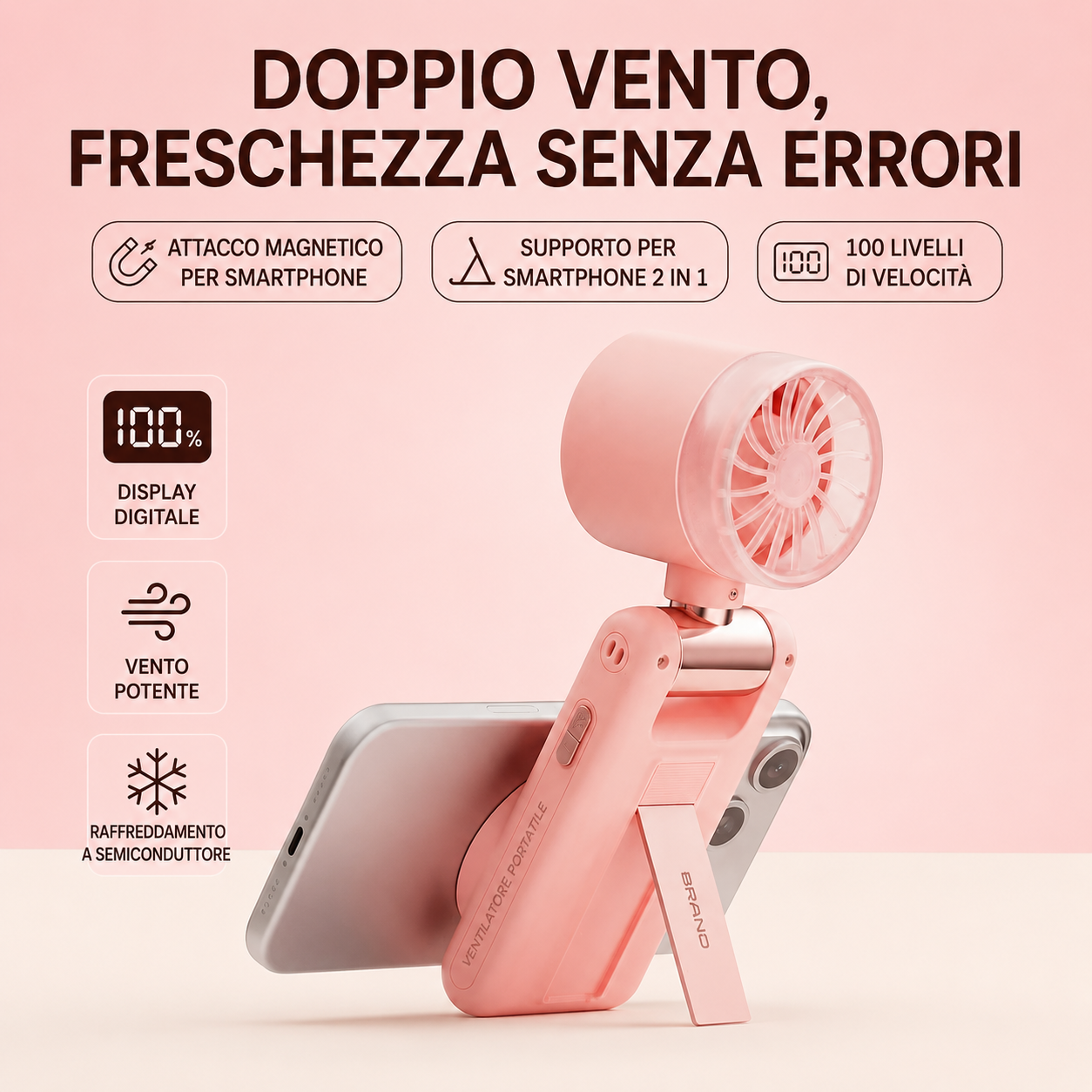 Ventilatore Portatile USB con sistema di Raffreddamento a Semiconduttore | Magnetico con Supporto Pieghevole 180° | Mini Ventilatore Ricaricabile 3600mAh | 100 Livelli di Velocità | Display Digitale -GT22