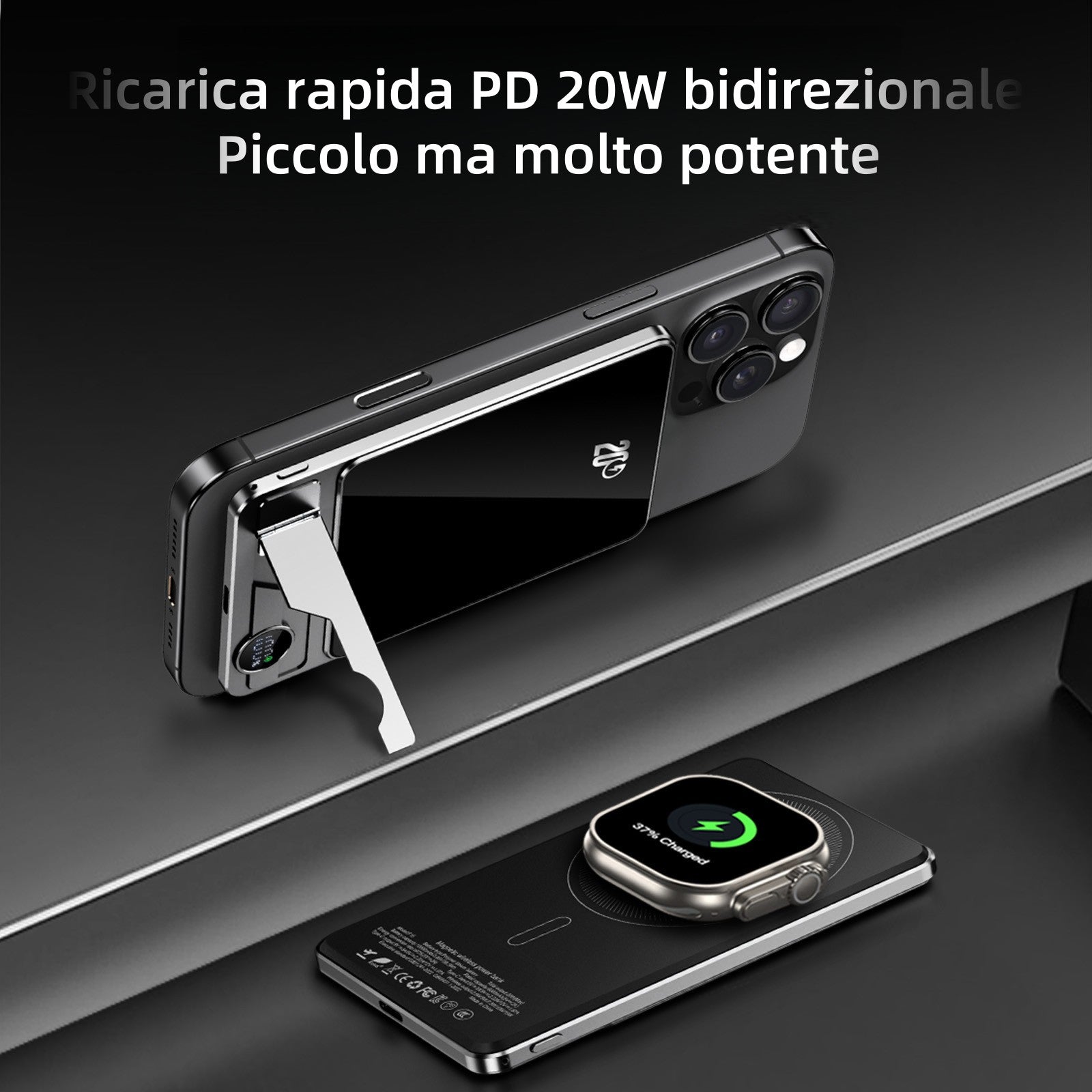 Power Bank MagSafe super sottile 3 in 1 | Ricarica rapida 20W PD + Wireless 15W | 5000mAh ultraleggero in alluminio con supporto – F15-5K