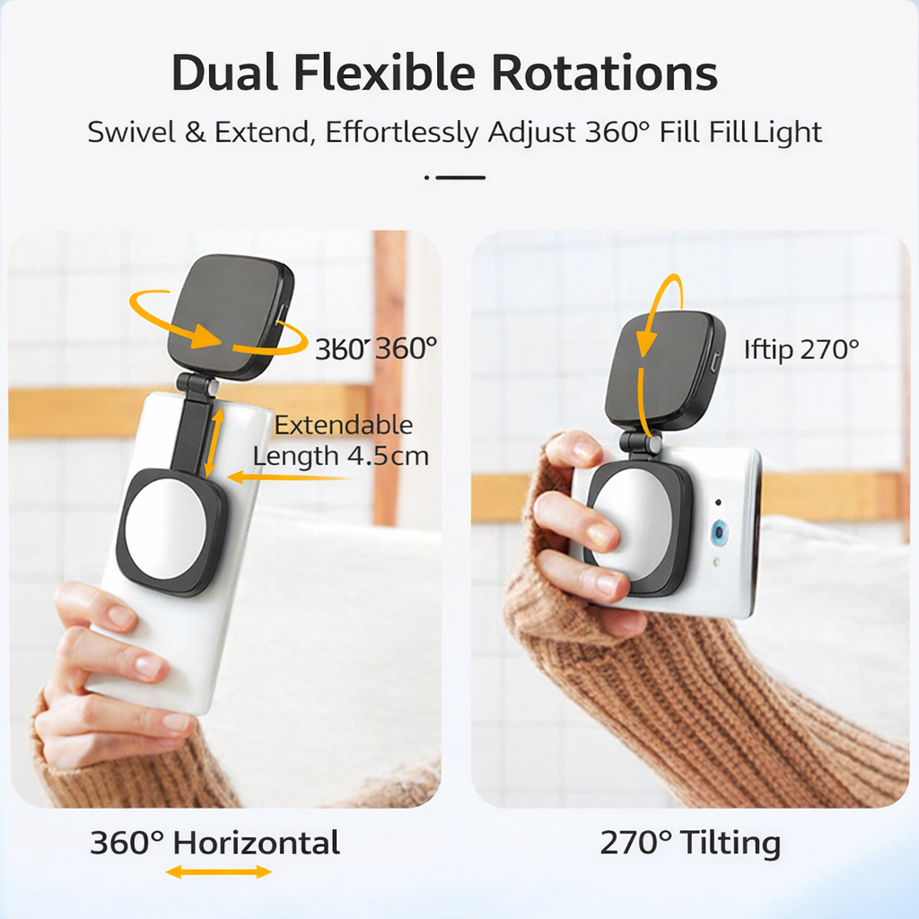 Luce Selfie Magnetica Regolabile per Smartphone – con specchio - Rotazione 360°, Inclinazione 270° - Compatibile MagSafe - JQ-01
