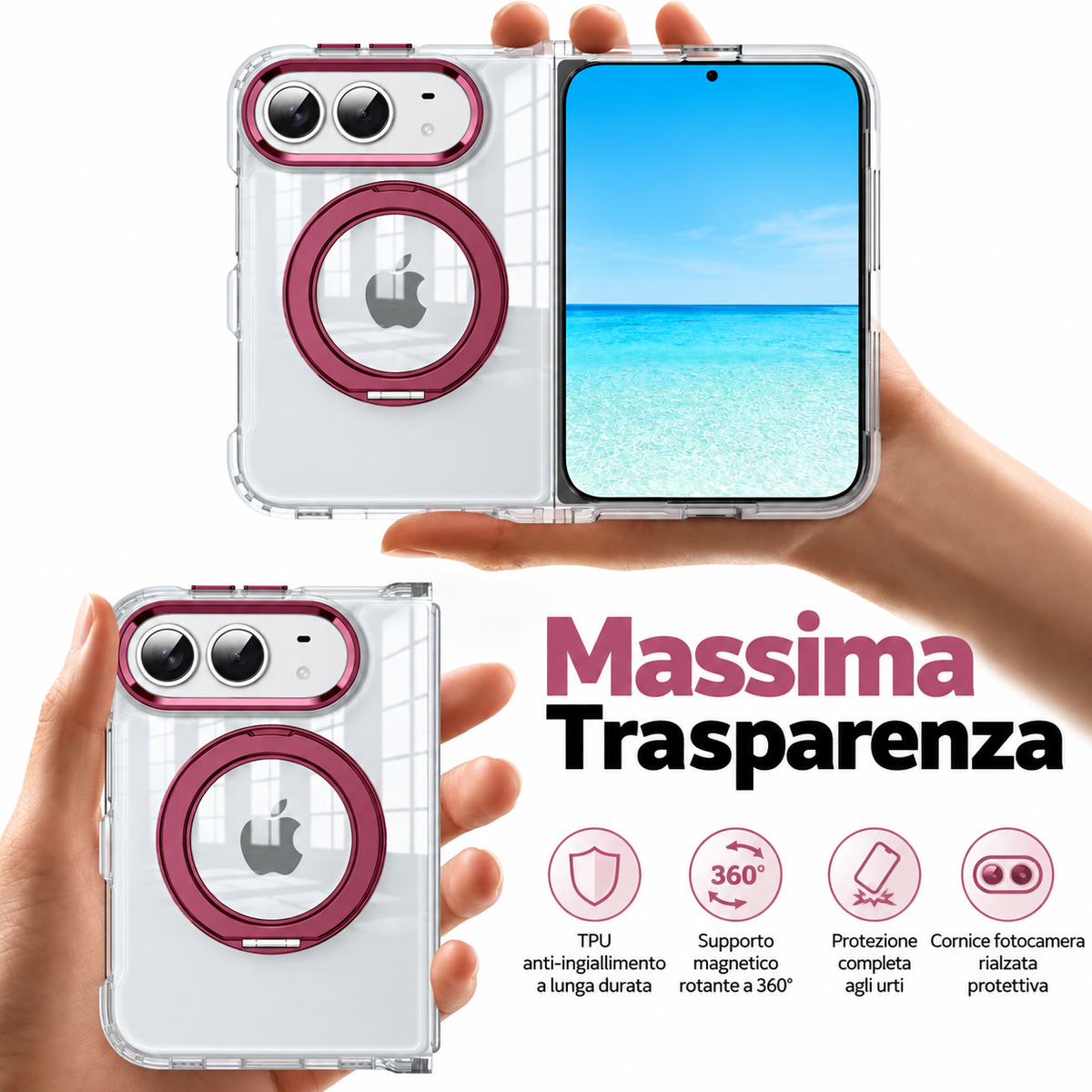 Cover Trasparente Magnetica per iPhone Duo con Supporto ad Anello 360° – Antiurto - DUO03