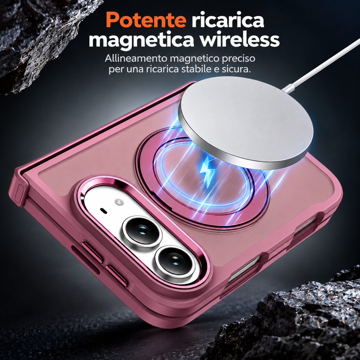Cover Magnetica Antiurto con Supporto ad Anello 360° per iPhone – Ricarica Wireless e Protezione Fotocamera - DUO02