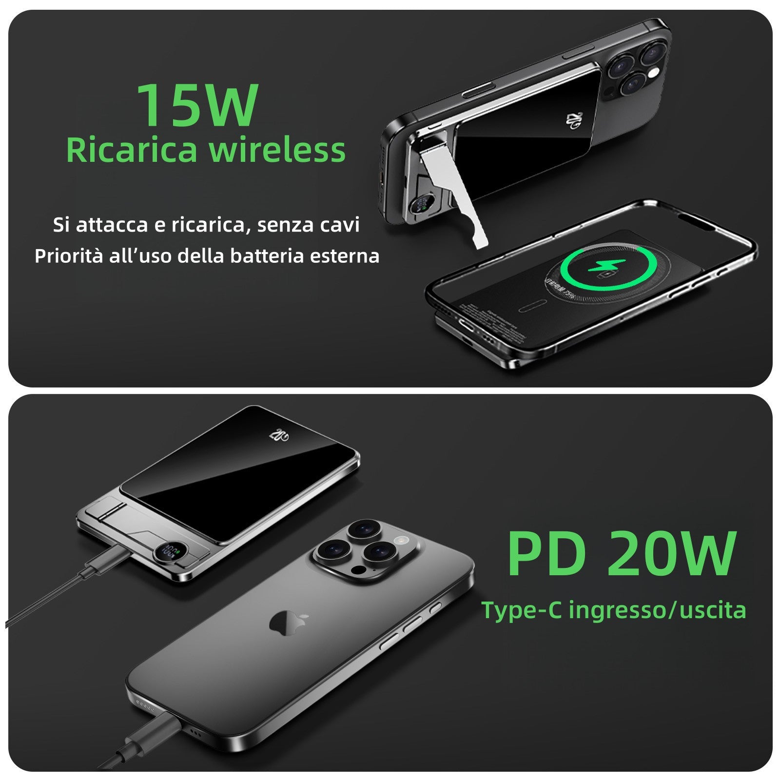 Power Bank MagSafe super sottile 3 in 1 | Ricarica rapida 20W PD + Wireless 15W | 5000mAh ultraleggero in alluminio con supporto – F15-5K