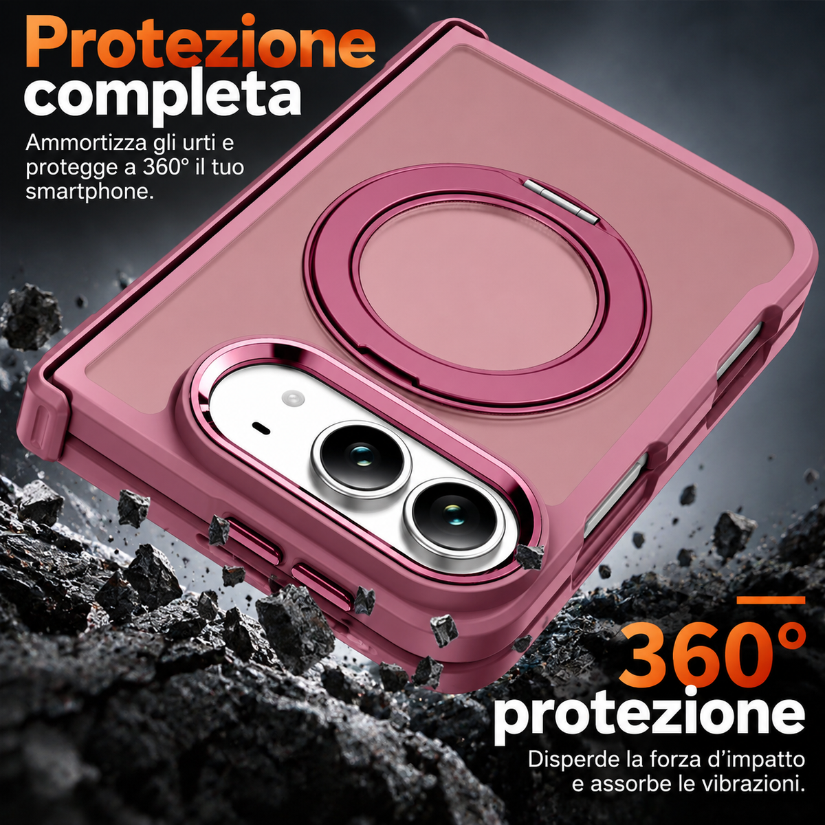 Cover Magnetica Antiurto con Supporto ad Anello 360° per iPhone – Ricarica Wireless e Protezione Fotocamera - DUO02