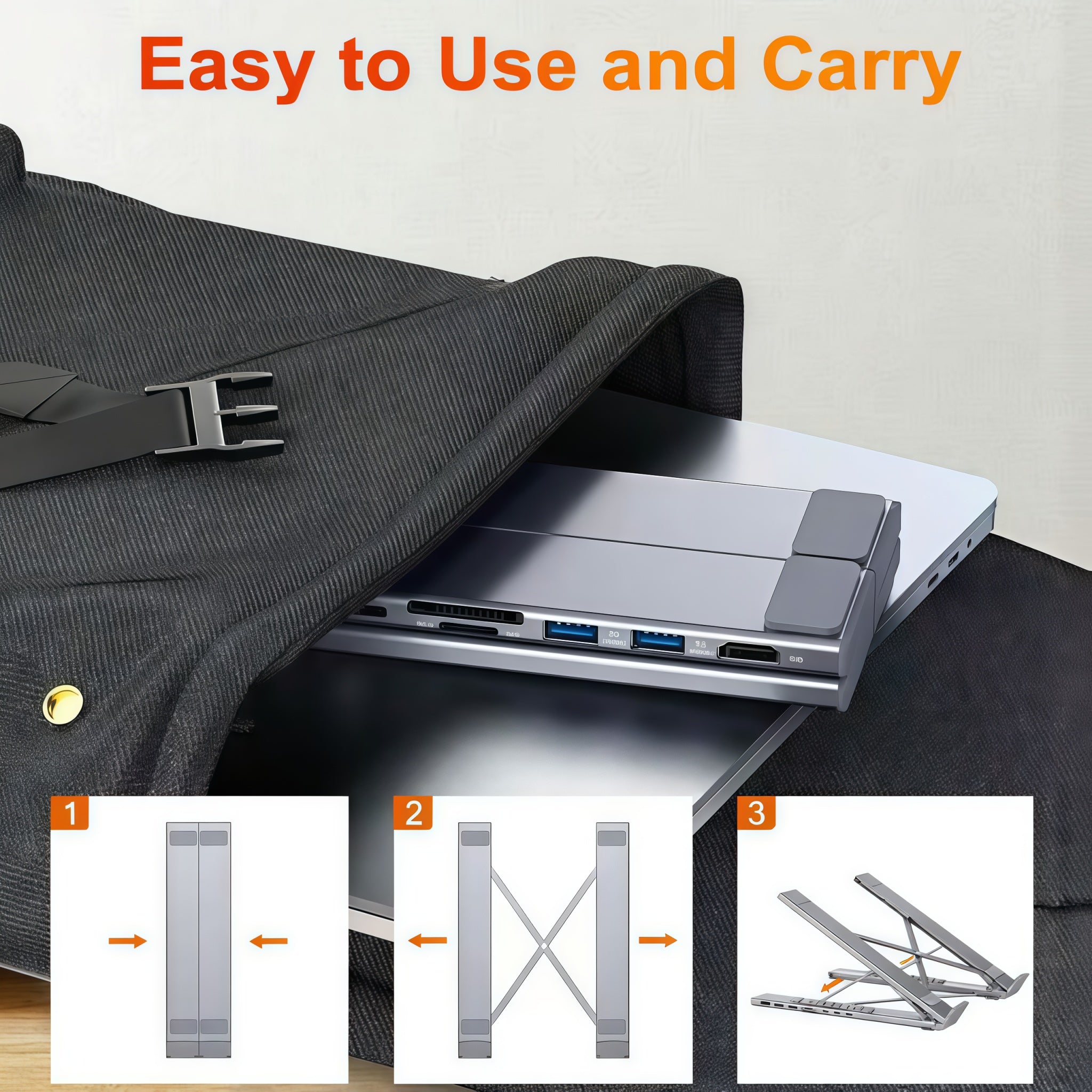 Supporto pieghevole per Laptop con HUB 8 in 1|Altezza Regolabile|Base USB-C Multifunzionale|Per MacBook/iPad/Notebook 10-17” - HUB-22