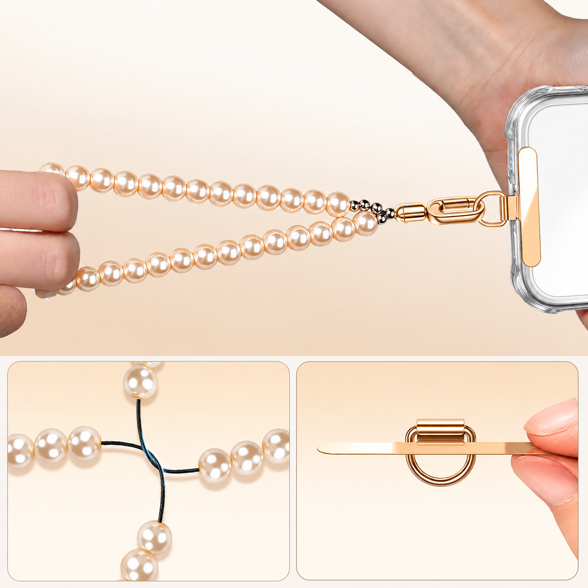 Laccetto per Cellulare con Perline Decorative – Cordino da Polso Elegante con Moschettone e Piastrina Sottile da 0,18 mm, Accessorio Fashion per Smartphone e Borsa-LC05
