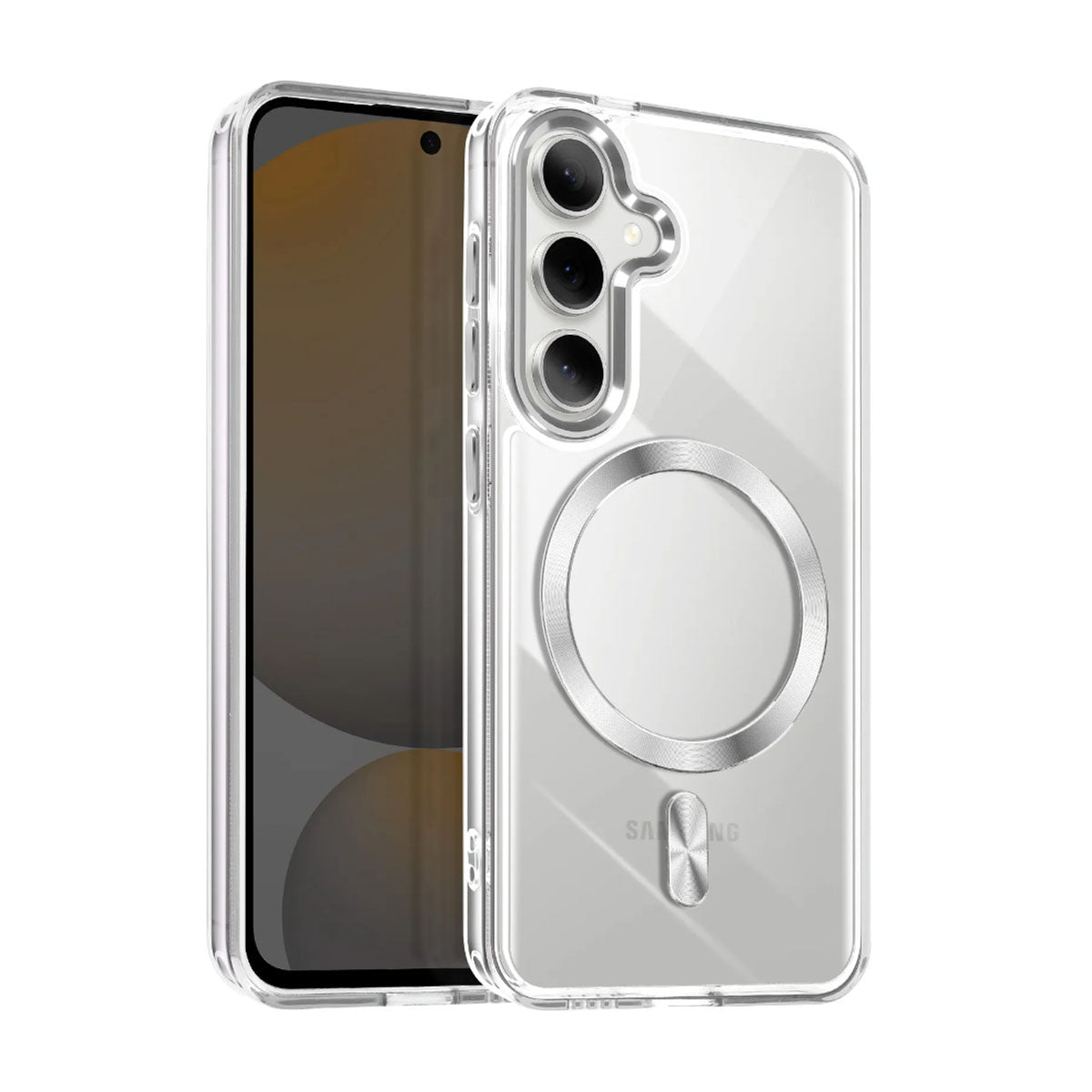 Cover per Samsung trasparente opaca con bordi colorati, con anello magnetico e protezione fotocamera