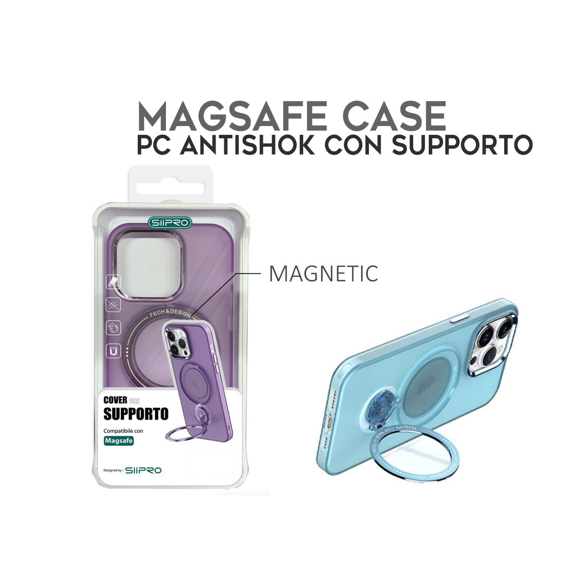 Cover per iPhone trasparente effetto fumé antiurto, compatibile con MagSafe e dotata di supporto in policarbonato - 7005