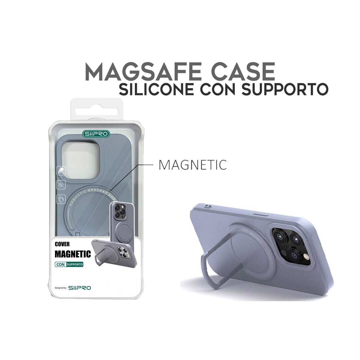Cover in silicone per iPhone, dotata di supporto e compatibile con MagSafe - 7006