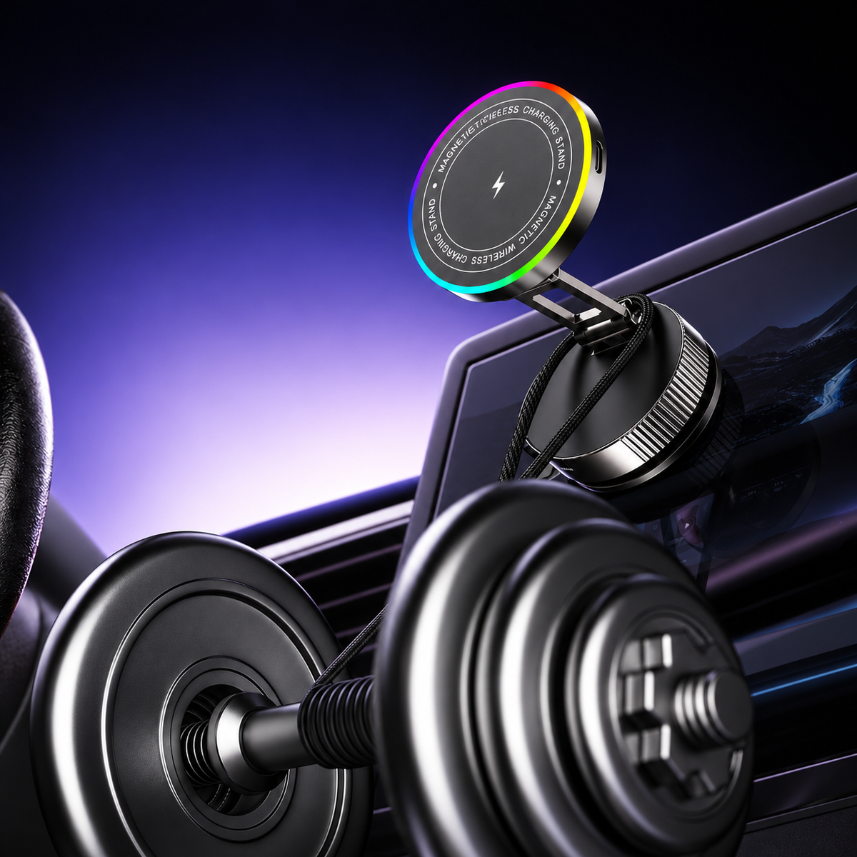 Supporto Magnetico per Smartphone K13 con Ricarica Wireless 15W e Luce RGB – Ventosa a Vuoto, Rotazione 360°, Braccio Pieghevole Regolabile, Base con Blocco a Rotazione per Auto, Scrivania e Casa-K13