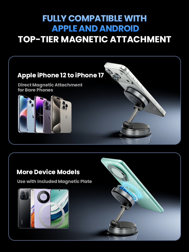 Supporto Magnetico Auto con Ricarica Wireless 15W – Rotazione 180°, Super Magneti N52, Fissaggio a Vuoto - A14