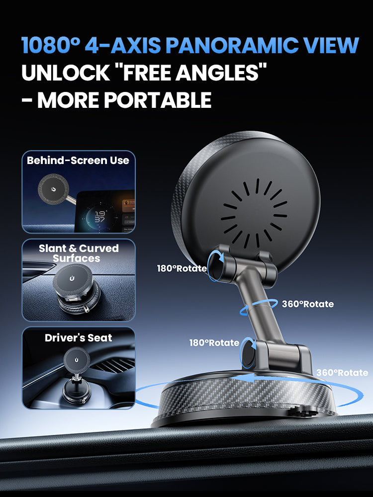 Supporto Magnetico Auto con Ricarica Wireless 15W – Rotazione 180°, Super Magneti N52, Fissaggio a Vuoto - A14