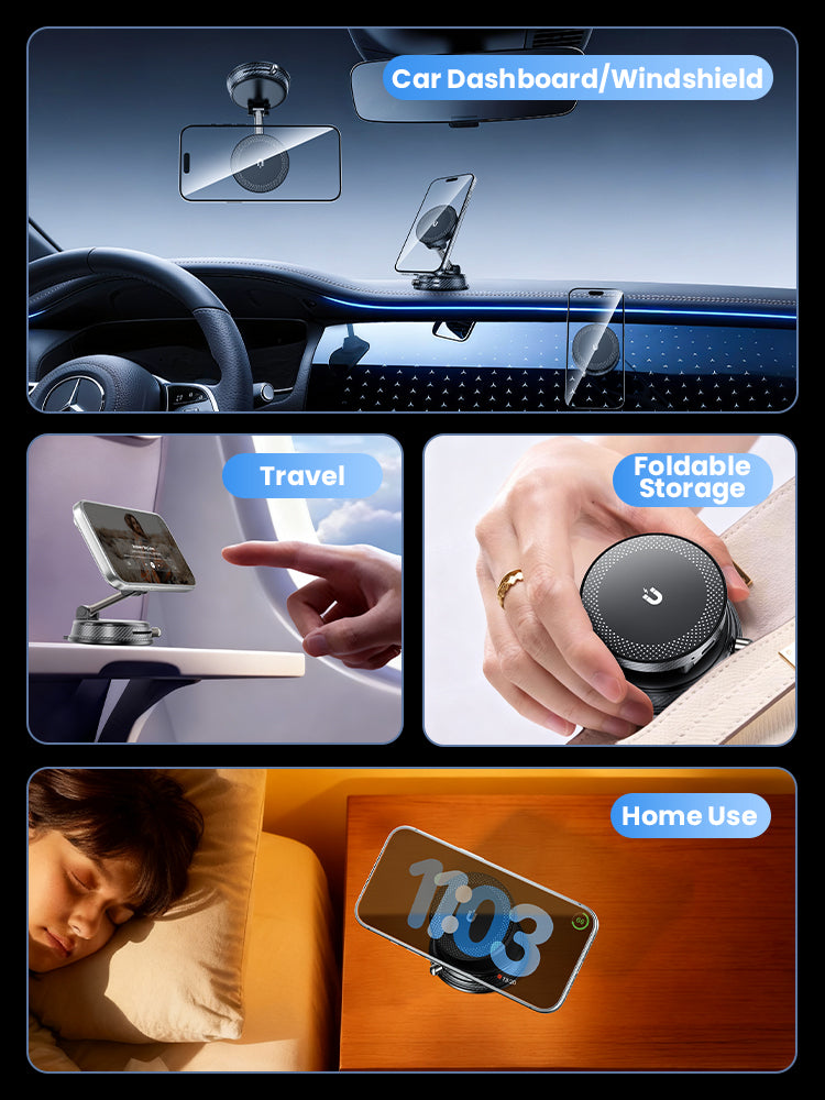 Supporto Magnetico Auto con Ricarica Wireless 15W – Rotazione 180°, Super Magneti N52, Fissaggio a Vuoto - A14