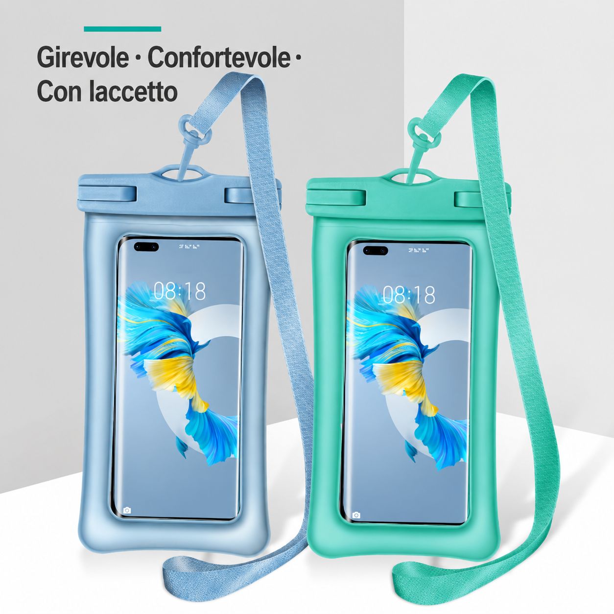 Custodia Impermeabile Galleggiante per Smartphone con Doppio Airbag, IPX8 fino a 30 Metri, Compatibile fino a 7,2 Pollici, TPU Touch ad Alta Sensibilità, per Nuoto, Immersioni e Terme, con Cordino Girevole-J009-2