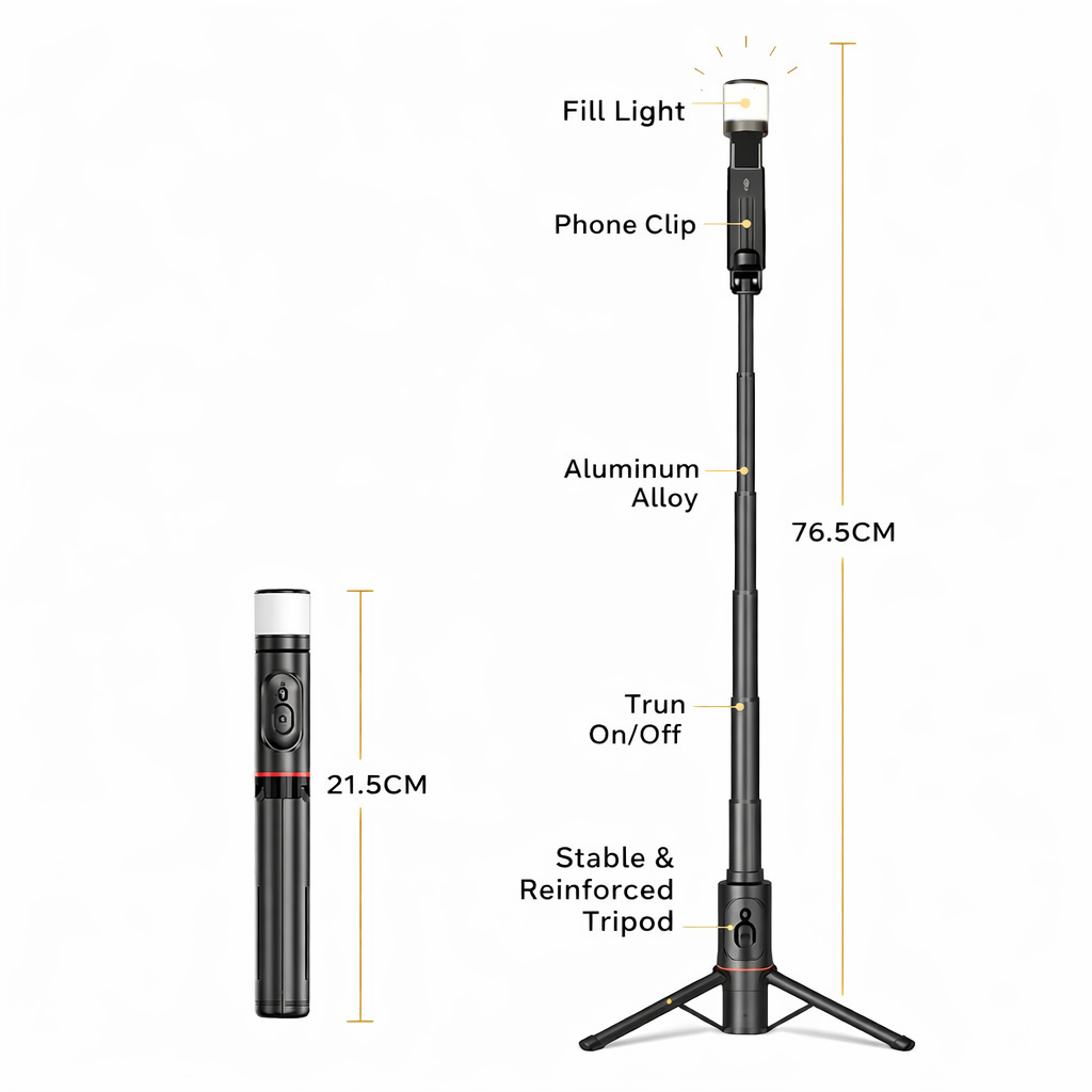 Selfie Stick Mini All-in-One Portatile per Smartphone con Treppiede Integrato, Luce di Riempimento e Telecomando Bluetooth - Q12S